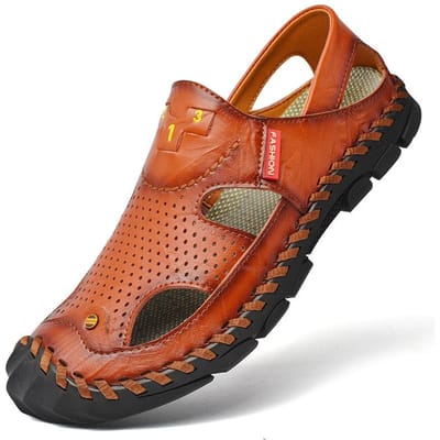 Zomer Koeienhuid Gesloten Teen Heren Sandalen Echt Leer Rijdende Zomer Leren Sandalen Zachte Zool Antislip Strandschoenen 41 bruin