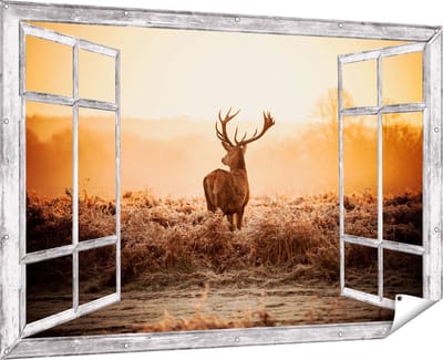 Gards Tuinposter Doorkijk Hert in de Wei tijdens de Zonsopkomst - 180x120 cm - Tuindoek - Tuindecoratie - Wanddecoratie buiten - Tuinschilderij