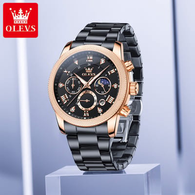 HO-3660.rs-zw : OLEVS zwart edelstaal chronografisch quartz horloge, rosékl kast, rosékl wijzerplaatbeslag, zwarte wijzerplaat, uren & minuten & maanfase -aanduiding, diamant, zirkonia