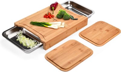 Snijplank Bamboe met Opvangbakjes – 2 RVS Lades – Grote Snijplank – Keuken Snijplank met Lade