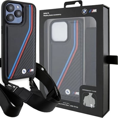 BMW M Edition Carbon Tricolor Lines & Strap case for iPhone 15 Pro Max - black