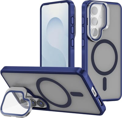 Casemania Hoesje Geschikt voor Samsung Galaxy S26 - Donker Blauw - Magnetische Bumper Hoesje met Camera Shield Kickstand Telefoonhoesje met Camera Bescherming Geschikt voor MagSafe