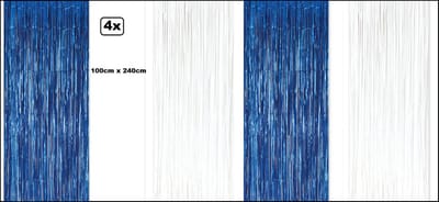 4x Folie gordijn metallic 240cm x 100cm blauw/wit - Landen party landen festival themafeest huwelijk gala disco glitter and glamour wanddeco