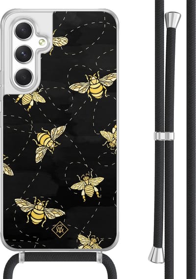 Casimoda® hoesje met koord - Geschikt voor Samsung A54 - Bee Happy - Afneembaar koord - TPU/acryl - Zwart