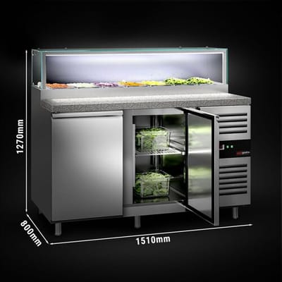 GGM Gastro Saladette PREMIUM - 1510mm - 2 Türen - mit Glasaufsatz für 7x GN 1/3 Zilver