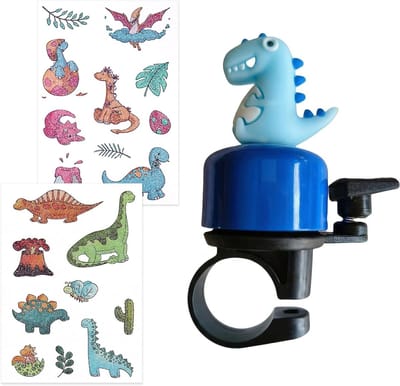 Fietsbel Dinosaurus - Kinderfietsbel Scooterbel - Veilig Fietsen - Met Glittertattoos - 10.4 x 10.3 cm - Blauw