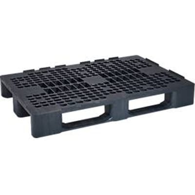 KiKA kunststof pallet V2000-SK-D/SKR-D, B 1200 x L 800 mm, PP-RE, 3 sledes, 4-zijdig, geperforeerd dek, 6000/2000 kg, zwart, met rand