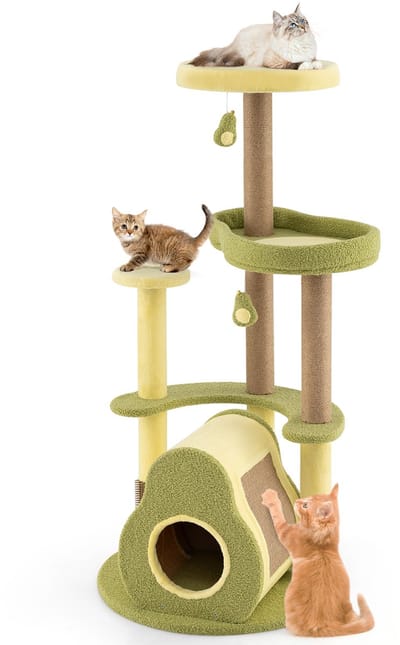 COSTWAY Krabpaal van hout, avocado-design, kattenboom met platforms, kattenmand, speelgoed, verzorgingsborstel en krabplank, kattenkrabpaal, klimboom, activiteitenboom, speelboom, groen