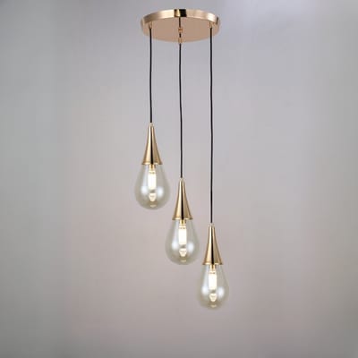 Hanglamp met 3 lichtpunten, amber kleur glazen en ronde plaat