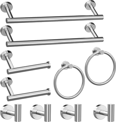 Badkamer Accessoires Set - 10 Delig - Opbergen en Ophangen - Roestvrij Staal - 2 Handdoekhouders - Geborsteld Nikkel