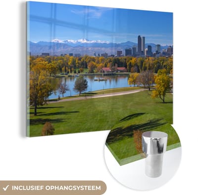 ® Glasschilderij 180x120 cm - Schilderij acrylglas - Denver - Park - Berg - Foto op glas - Muurdecoratie woonkamer - Wanddecoratie slaapkamer - Schilderijen