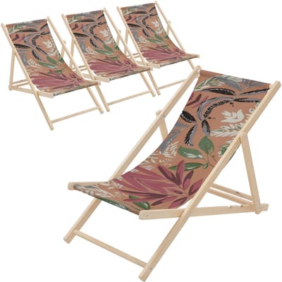 Set van 4 houten tuinligstoelen in gebloemd bruin-rood-groen opvouwbare strandstoel strandstoel strandligstoel ligstoel relaxligstoel