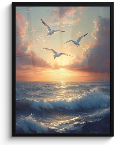 Poster in lijst - Fotolijst 50x70 cm - Posters - Meeuwen - Zonsondergang - Zee - Wolken - Posterlijst zwart - Decoratie - Wanddecoratie woonkamer - Muurdecoratie slaapkamer