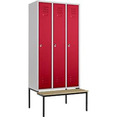 Kledinglocker, 3 compartimenten, 300 mm, draaigrendelslot, zitbank Deur robijnrood