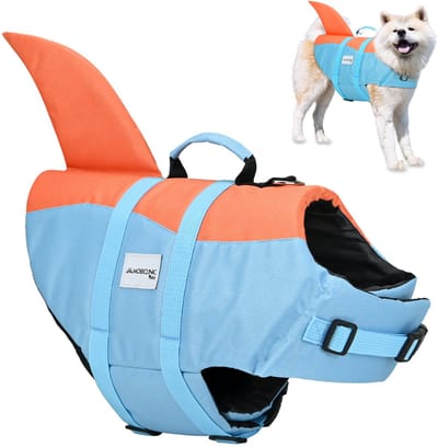 Mobiclinic Sharky - Zwemvesten voor honden - Hondenzwemvest - Verstelbaar harnas - Leiband - 55 x 40 x 74 cm - Tot 33 kg - Handvat - Lichtgewicht - Decoratieve fin - XL