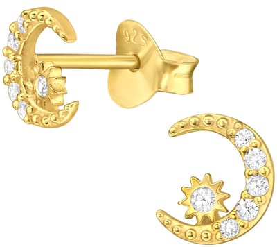 Joy|S - Zilveren maan oorbellen - 6 mm oorknoppen - zirkonia - gold plated
