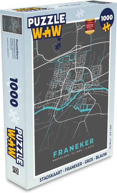 Puzzel Stadskaart - Franeker - Grijs - Blauw - Legpuzzel - Puzzel 1000 stukjes volwassenen - Plattegrond