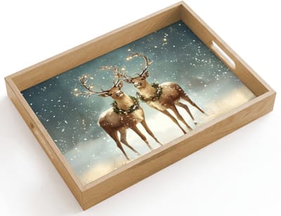Dienblad hout 40x30 cm - Schootdienblad - Kerstmagie - Winterwoud - Rendier - Borrelplank rechthoek - Plateau dienbladen