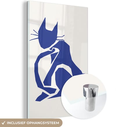 MuchoWow® Glasschilderij 120x180 cm - Schilderij acrylglas - Kat - Huisdieren - Blauw - Matisse - Foto op glas - Schilderijen