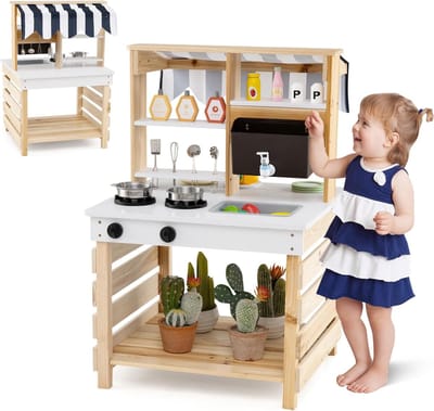 KOMFOTTEU Houten Modderkeuken van dennenhout, dubbelzijdige 2-in-1 keuken met luifel, afneembare spoelbak, waterreservoir en kraan - buitenkeuken - buiten speelkeuken - voor kinderen vanaf 3 jaar