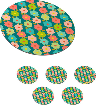 Onderzetters voor glazen - Rond - Patroon - Bloemen - Retro - Jaren 70 - 10x10 cm - Glasonderzetters - 6 stuks