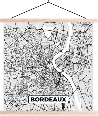 Posterhanger incl. Poster 40x40 cm - Schoolplaat - Kaart - Stadskaart - Bordeaux - Plattegrond - Frankrijk - Textielposter - Blanke latten - Stadskaart