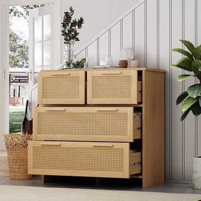 BLACKCOLORS - Hoogwaardige rotan kast met 4 lades - Handgrepen van massief hout - Geschikt voor slaapkamer, woonkamer, eetkamer, gang
