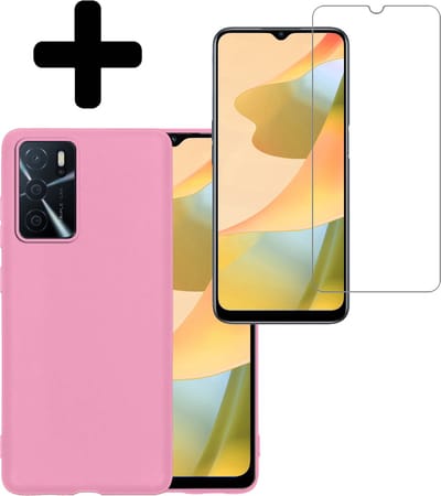 Hoesje - Met Screenprotector - Geschikt voor OPPO A16s - Sterk & Shockproof - Back Cover - Siliconen Case - Telefoon Hoes - Telefoonhoesjes - Lichtroze