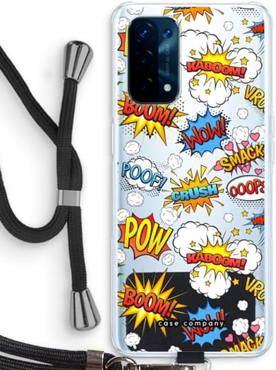 Case Company® - Hoesje met koord geschikt voor Oppo A74 5G hoesje met Koord - Pow Smack - Telefoonhoesje met Zwart Koord - Bescherming aan alle Kanten en Over de Schermrand