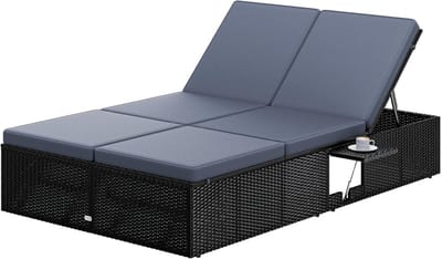 Tweepersoons Ligbed - Dubbele Loungebank - Buiten Ontspannen - Inklapbare Tafeltjes - 200x115cm - Zwart Antraciet