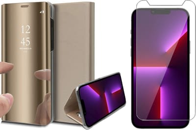 Hoesje geschikt voor iPhone 13 Pro en Screenprotector - Spiegel Book Case - Goud