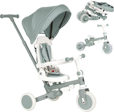 Olmitos EVOL Evolutionaire babydriewieler, 5-in-1, voor kinderen van 1 tot 5 jaar, van driewieler naar fiets met of zonder pedalen, rugleuning, veiligheidsbeugel en afdekking (mint)