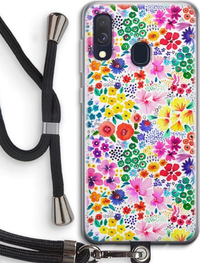 Case Company® - Hoesje met koord geschikt voor Samsung Galaxy A40 hoesje met Koord - Little Flowers - Telefoonhoesje met Zwart Koord - Bescherming aan alle Kanten en Over de Schermrand