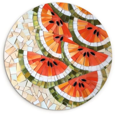 WallCircle® Wandcirkel 120x120 cm - Muurcirkel Mozaïek - Watermeloen - Rood - Pitten - Muurdecoratie woonkamer - Wanddecoratie slaapkamer - Kamer decoratie accessoires - Ronde schilderijen XXL