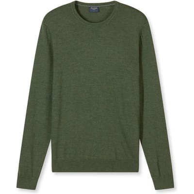 OLYMP modern fit trui wol - O-hals - olijfgroen
