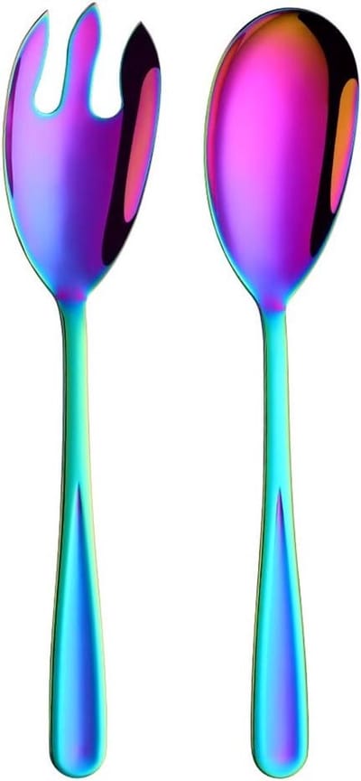 Set van 2 RVS Saladelepels en Vorken in Regenboogkleur - Ideaal voor Salades, Buffet en Feestjes, 30.5 cm Lengte