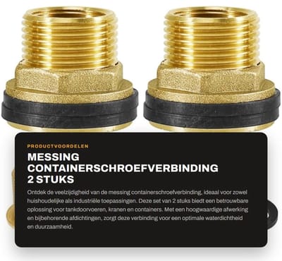 Dailygoods- Containerschroefverbinding 2 stuks - Messing Regentondoorvoer - 1 inch Buitendraad x 3/4 inch Binnendraad - Tankdoorvoer met 4 Afdichtingen - Hoogwaardig Messing