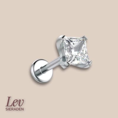 Lev Sieraden - 1.2 x 8 mm Titanium Push Pin Labret piercing met 5 mm princess cut zirkonia - Zilver kleurig - neuspiercing - tragus piercing - lippiercing - tragus piercing - Oor piercing - Helix - antie alergie nikkelvrij Piercing
