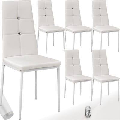 tectake® Moderne Stoelen - Set Stoelen met Kunstleren Bekleding en Strass-Steentjes - Geschikt als Keukenstoel, Eetkamerstoel of Gestoffeerde Stoel voor Woonkamer, Eettafel, Bar (Wit, set van 6)