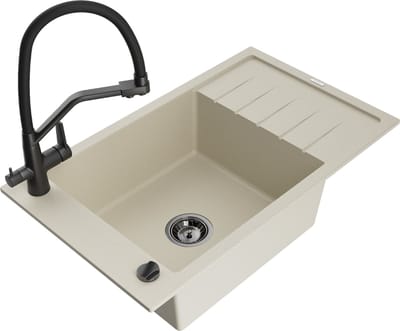 Mexen Elias granieten gootsteen 1-bak met afdruiprek en keukenmengkraan Duo, beige - 6511-69-671701-70-B