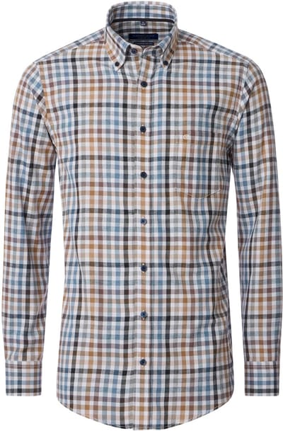 CASA MODA Sport comfort fit overhemd - flanel - blauw - wit en beige geruit - Strijkvriendelijk - Boordmaat: 45 - 46