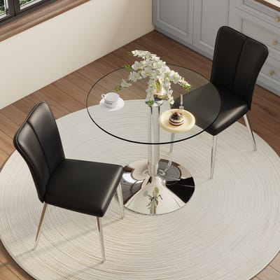 MODENUIT Eettafelset 85 cm - Ronde Glazen Tafel met 2 Stoelen - Voor Eetkamer en Keuken - Glas, Metaal, Zwart