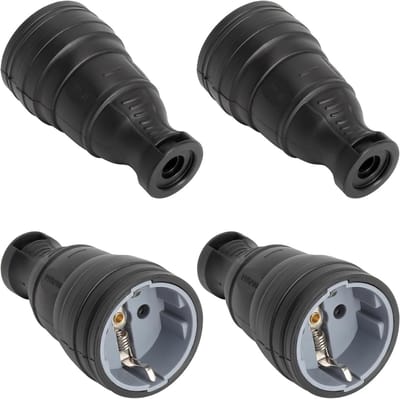 4 Stuks Schuko Koppeling 16A 250V IP44 Rubber Koppeling met Deksel voor Buiten, Tuin en Garage - TPV Rubber Stopcontact met Messing Contacten voor Bouwplaats en Koelruimte
