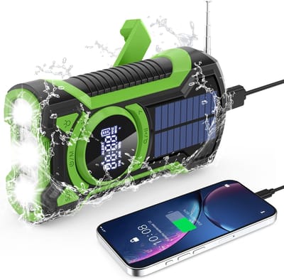 Noodradio 5000 mAh – Waterdichte Zonneradio met Bluetooth – Oplaadbare Powerbank – Handkrukradio met SOS, LED Zaklamp & Leeslamp
