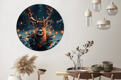 WallCircle - Wandcirkel - Muurcirkel - Hert - Kerst - Winter - Sneeuw - Kerstkrans - Aluminium - Dibond - 140x140 cm - Binnen en Buiten