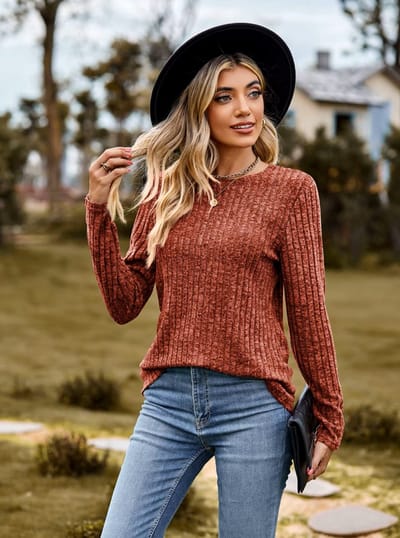 ASTRADAVI Casual Chic - Frayed Stripe Dames Blouse - Stijlvolle Top met Ronde Hals - Koraal Oranje / Small