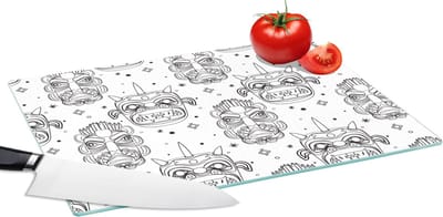 Glazen Snijplank - 39x28 - Maskers - Inca - Patroon - Zwart-Wit - Snijplanken Glas