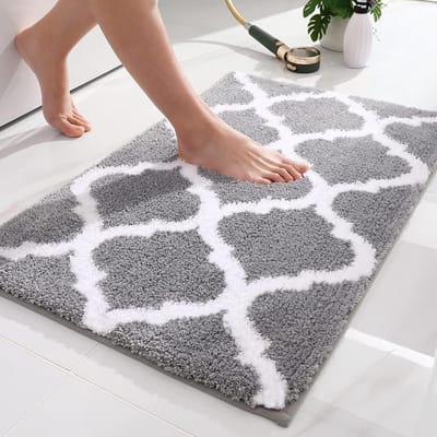 Hoogpolige antislip badmat van pluizige microvezel - 40 x 60 cm - Grijs, wasbaar in de badkamer.
