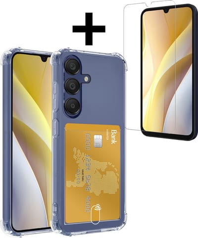 Hoesje - Geschikt voor Samsung Galaxy A15 - Met Screenprotector - En Pashouder - En Kaarthouder - Telefoon Hoes Shockproof - Siliconen Case - Back Cover - Shock Proof - Pasjes Houder - Telefoonhoesjes - Transparant