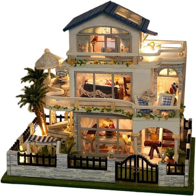 Miniatuur Poppenhuis - Houten Ambacht - Huisdecoratie - Met LED Verlichting - 16 x 12.5 cm